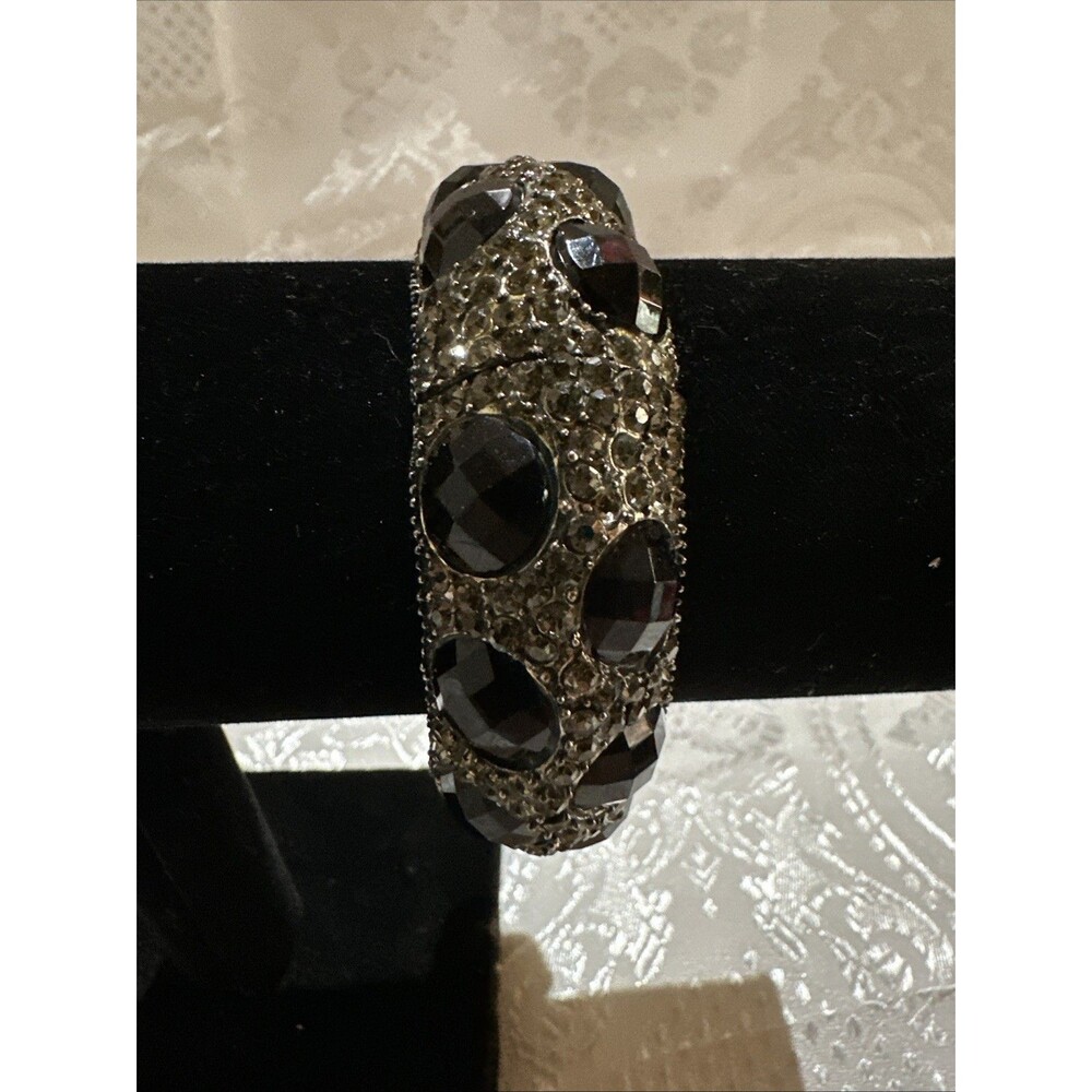 Silver Tone Black Clear Faceted Rhinestones Cuff Bracelet Handcrafted Artisan - Picture 2 of 15